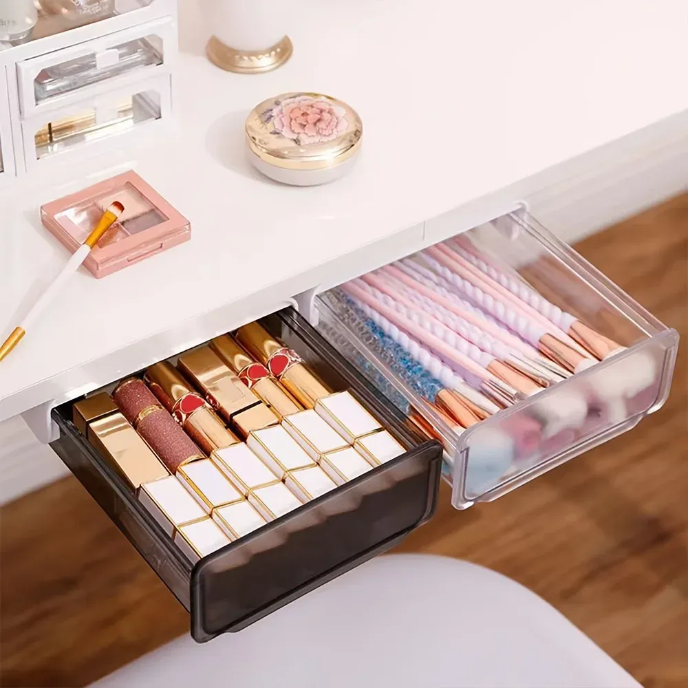 Tiroir de rangement sous bureau, organiseur invisible sans perçage, boîte de rangement extractible à fixer sous le plan de travail 4