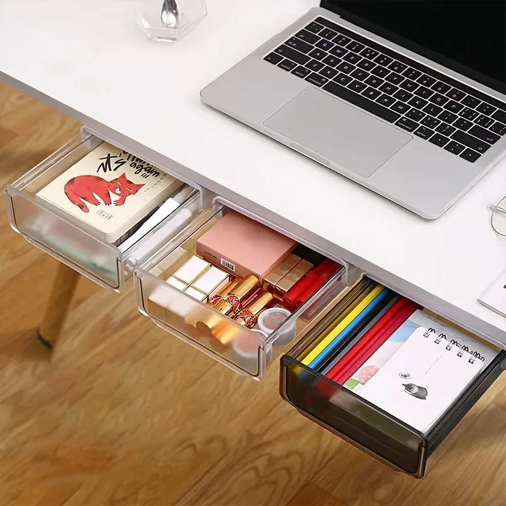 Tiroir de rangement sous bureau, organiseur invisible sans perçage, boîte de rangement extractible à fixer sous le plan de travail 5