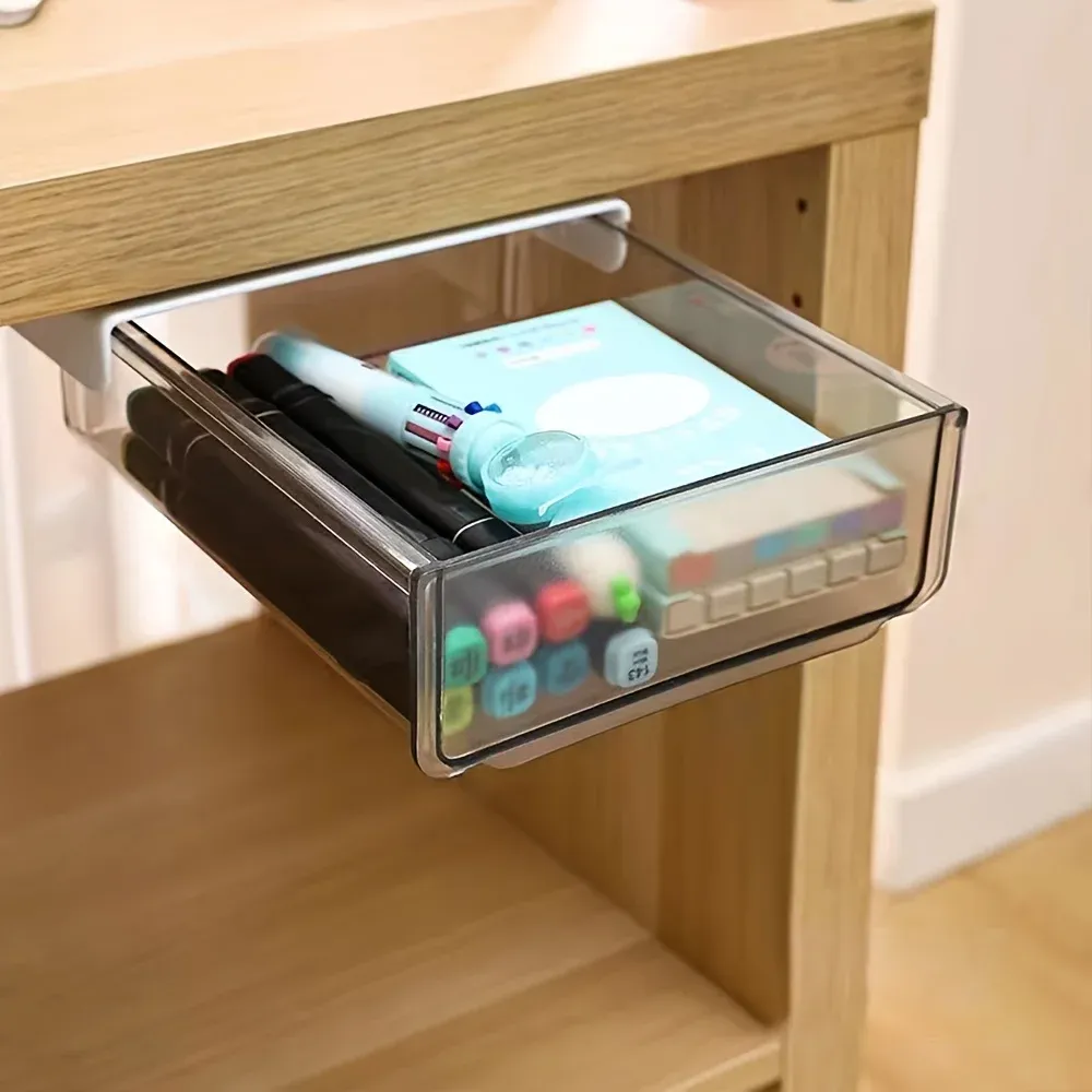 Tiroir de rangement sous bureau, organiseur invisible sans perçage, boîte de rangement extractible à fixer sous le plan de travail 7