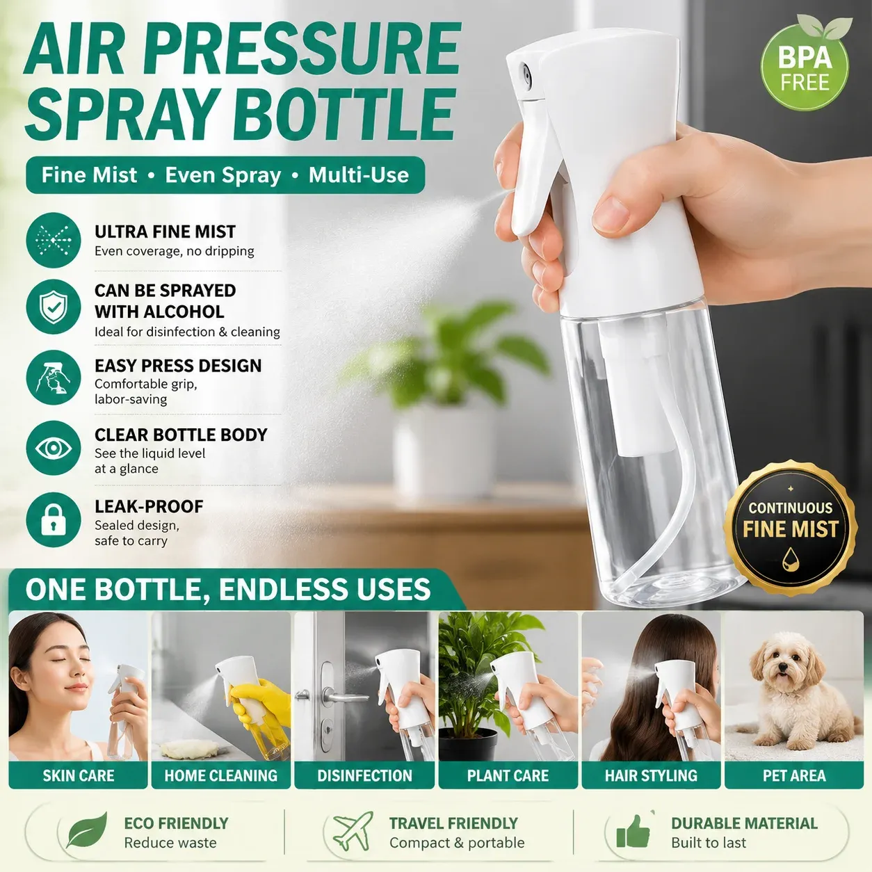 Bouteille pulvérisatrice à brume fine rechargeable, atomiseur anti-fuite pour nettoyage, soins de la peau, salons de coiffure, plantes, jardinage, maison et voiture - Image 1