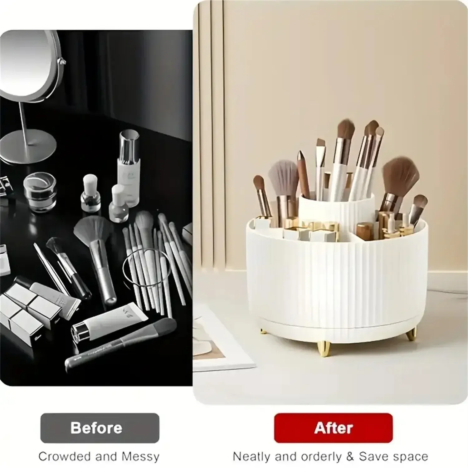 Vue détaillée des compartiments de rangement pour pinceaux de maquillage
