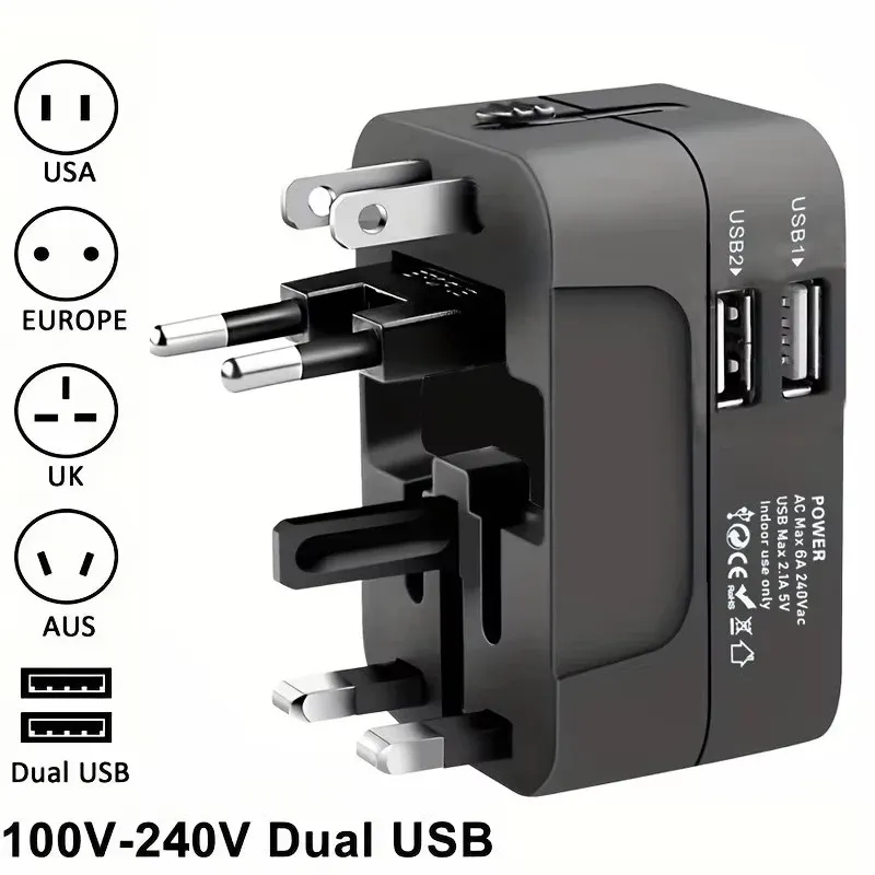 Adaptateur secteur universel avec deux ports USB, prises de voyage universelles, adaptateur secteur UE-US