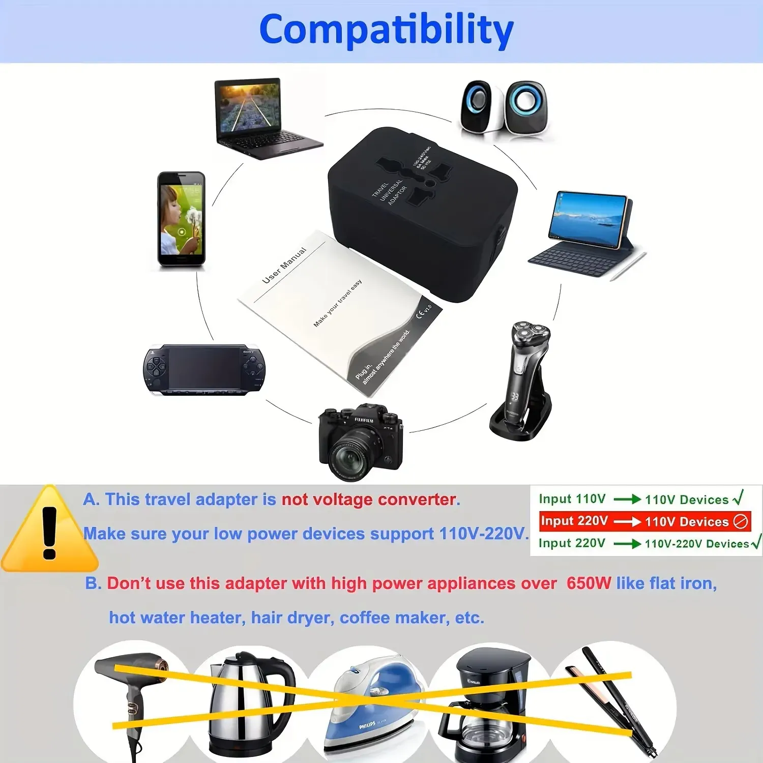 Adaptateur secteur universel avec deux ports USB, prises de voyage universelles, adaptateur secteur UE-US 5
