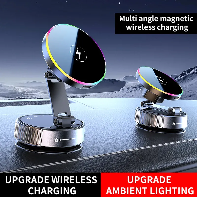 Support de téléphone de voiture sans fil 15W avec éclairage RGB coloré, fixation à ventouse, chargeur rotatif à 360° et pliable 2