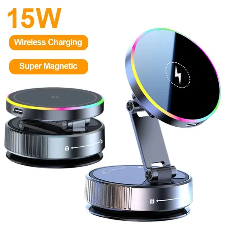 Support de téléphone de voiture sans fil 15W avec éclairage RGB coloré, fixation à ventouse, chargeur rotatif à 360° et pliable