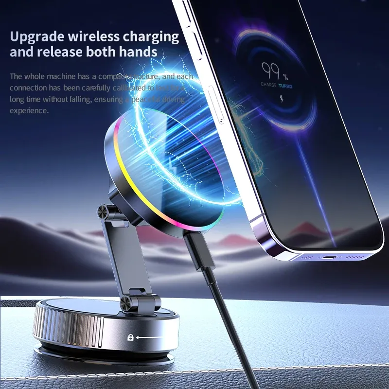 Support de téléphone de voiture sans fil 15W avec éclairage RGB coloré, fixation à ventouse, chargeur rotatif à 360° et pliable 3