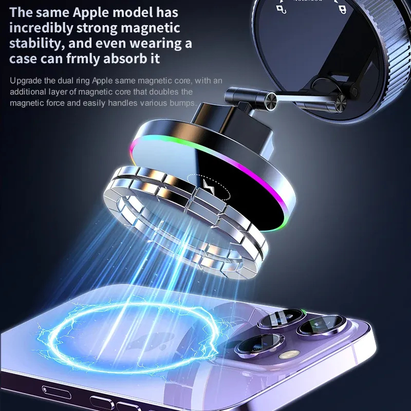 Support de téléphone de voiture sans fil 15W avec éclairage RGB coloré, fixation à ventouse, chargeur rotatif à 360° et pliable 4