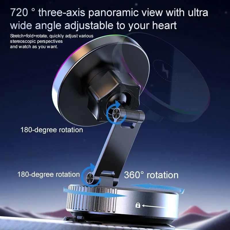 Support de téléphone de voiture sans fil 15W avec éclairage RGB coloré, fixation à ventouse, chargeur rotatif à 360° et pliable 5