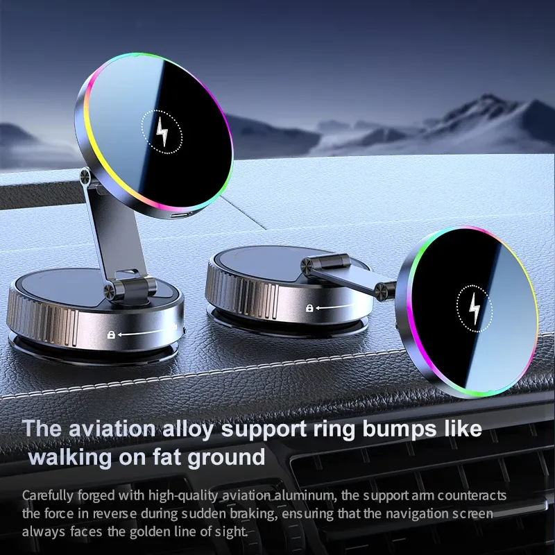 Support de téléphone de voiture sans fil 15W avec éclairage RGB coloré, fixation à ventouse, chargeur rotatif à 360° et pliable 6