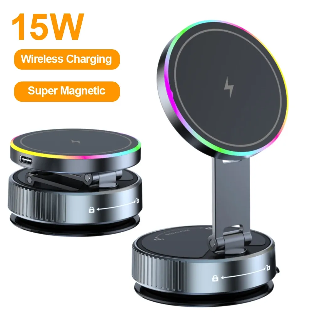 Support de téléphone de voiture sans fil 15W avec éclairage RGB coloré, fixation à ventouse, chargeur rotatif à 360° et pliable 7