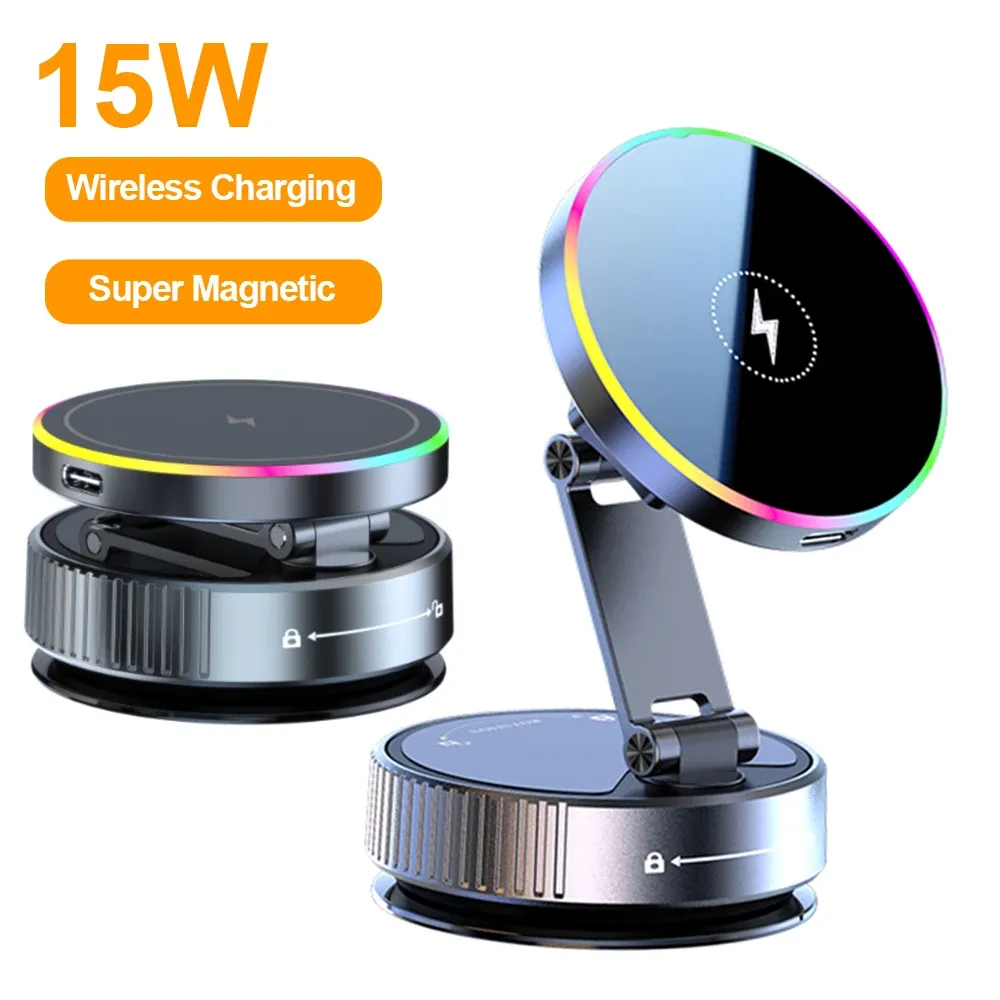 Support de téléphone de voiture sans fil 15W avec éclairage RGB coloré, fixation à ventouse, chargeur rotatif à 360° et pliable 9