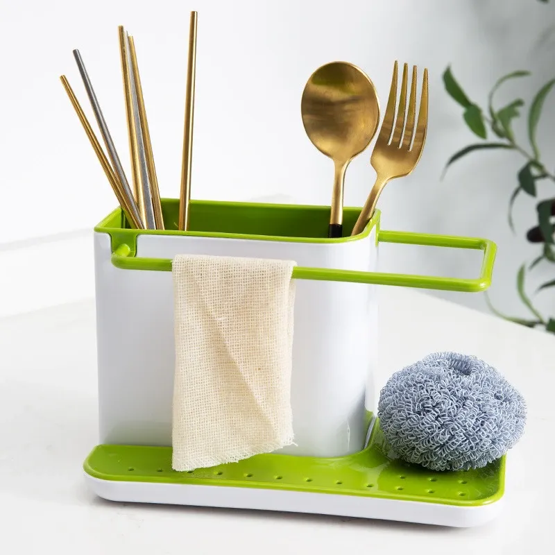 Étagère de rangement pour évier de cuisine avec porte-éponge et supports d'ustensiles 2
