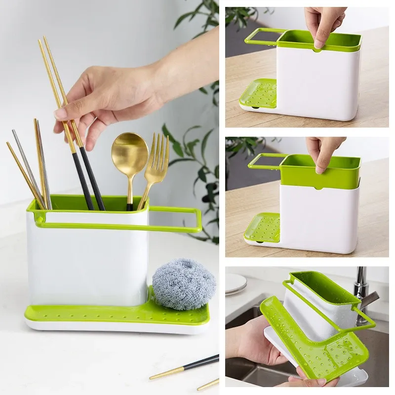 Étagère de rangement pour évier de cuisine avec porte-éponge et supports d'ustensiles 5