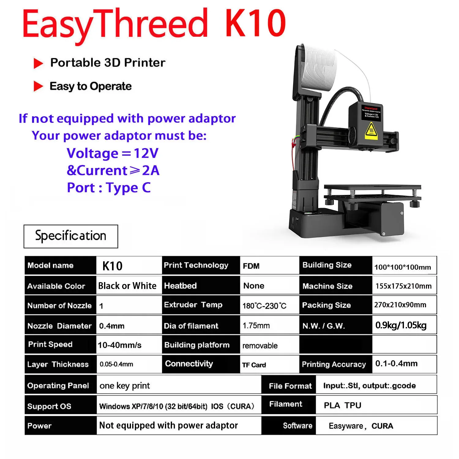 Imprimante 3D EasyThreed, entrée de gamme, compatible PLA, TPU et filament 1,75 mm, alimentation secteur incluse 3