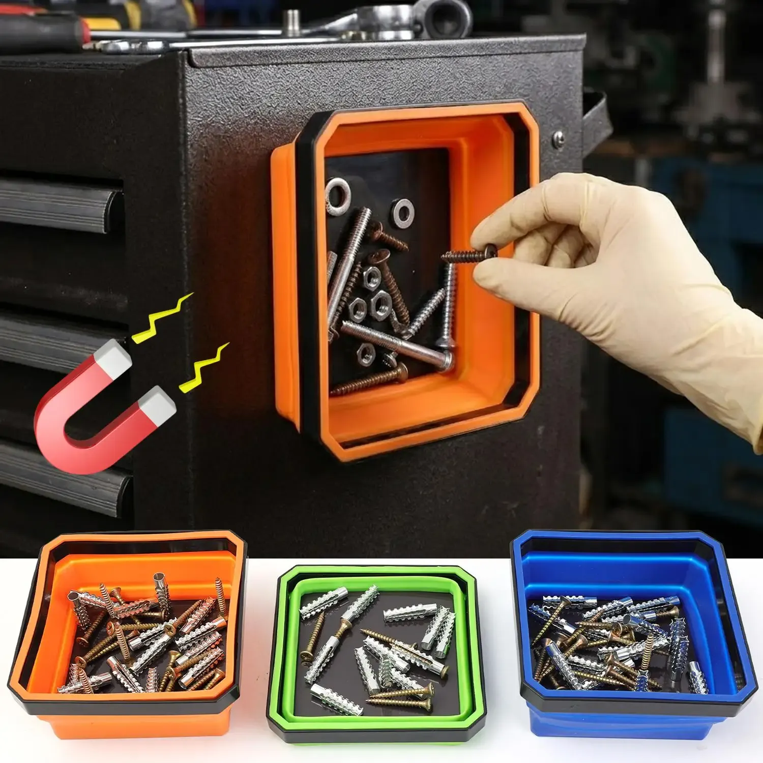 Bac de rangement magnétique carré en silicone pliable, 4,5 pouces, pour vis, écrous, rondelles et petites pièces 2
