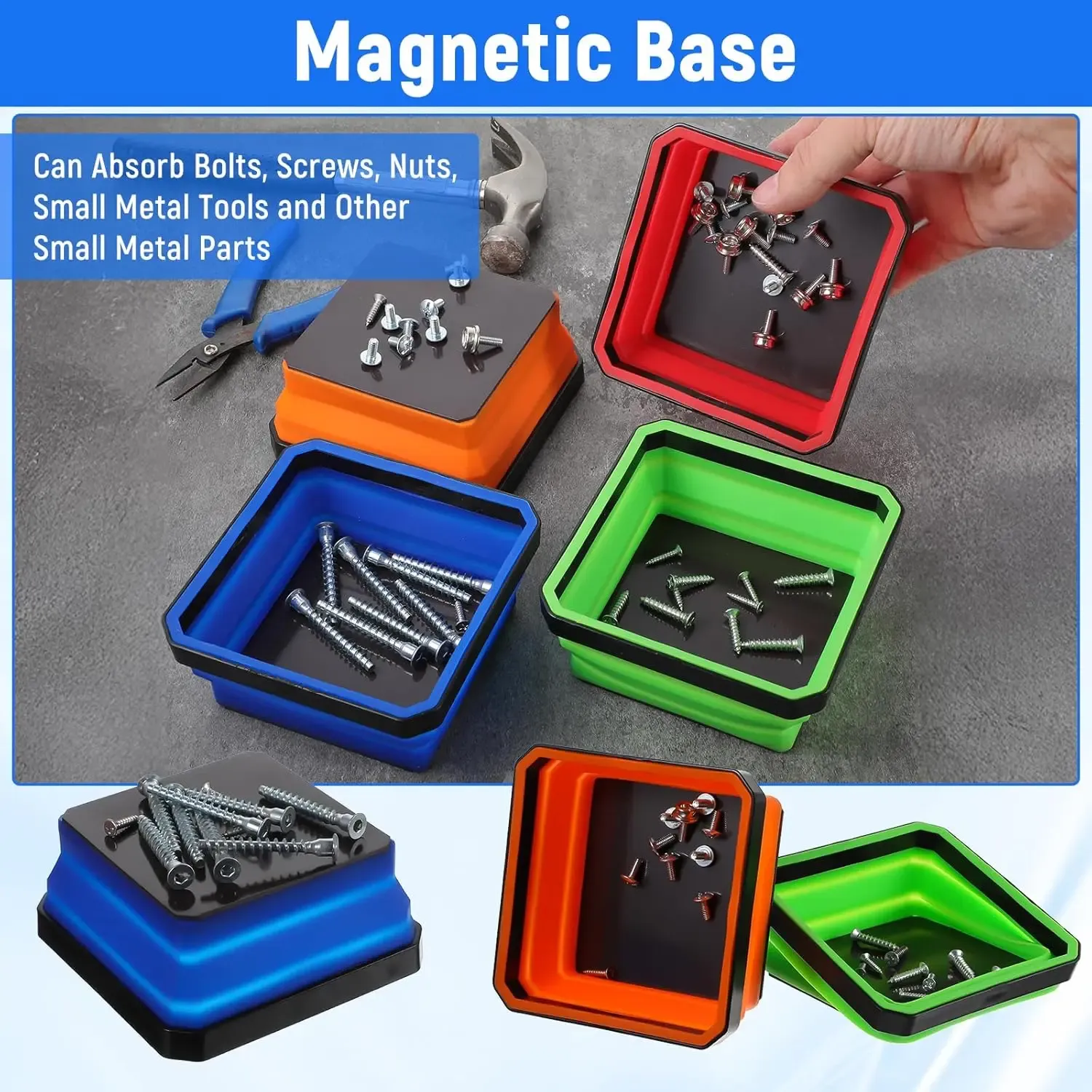 Bac de rangement magnétique carré en silicone pliable, 4,5 pouces, pour vis, écrous, rondelles et petites pièces 4