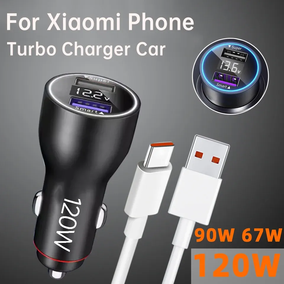 Chargeur USB pour voiture Xiaomi 120W 20V 6A Turbo Charge 67W 90W pour téléphone Mi 15, 13T, 14 Ultra, Poco X7, F8, Redmi Note 12T