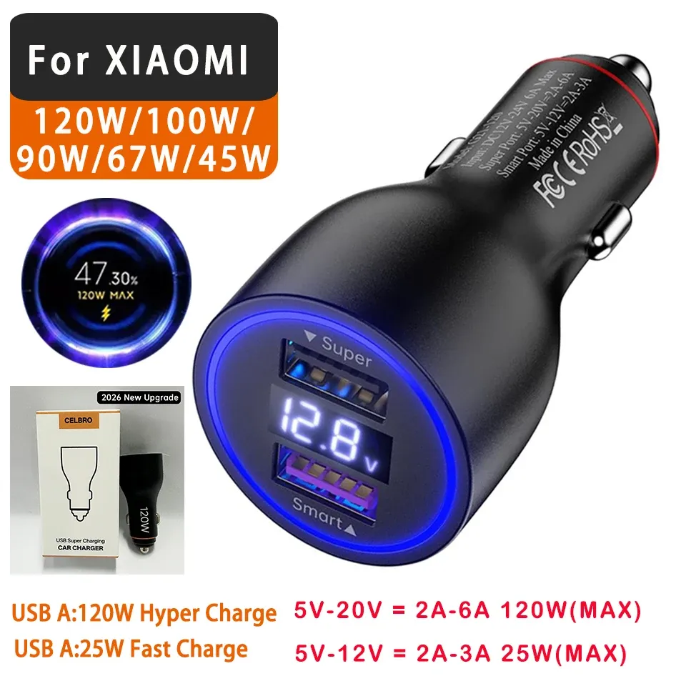 Chargeur USB pour voiture Xiaomi 120W 20V 6A Turbo Charge 67W 90W pour téléphone Mi 15, 13T, 14 Ultra, Poco X7, F8, Redmi Note 12T 7