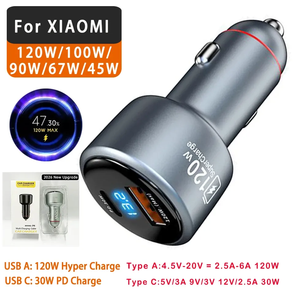 Chargeur USB pour voiture Xiaomi 120W 20V 6A Turbo Charge 67W 90W pour téléphone Mi 15, 13T, 14 Ultra, Poco X7, F8, Redmi Note 12T 8