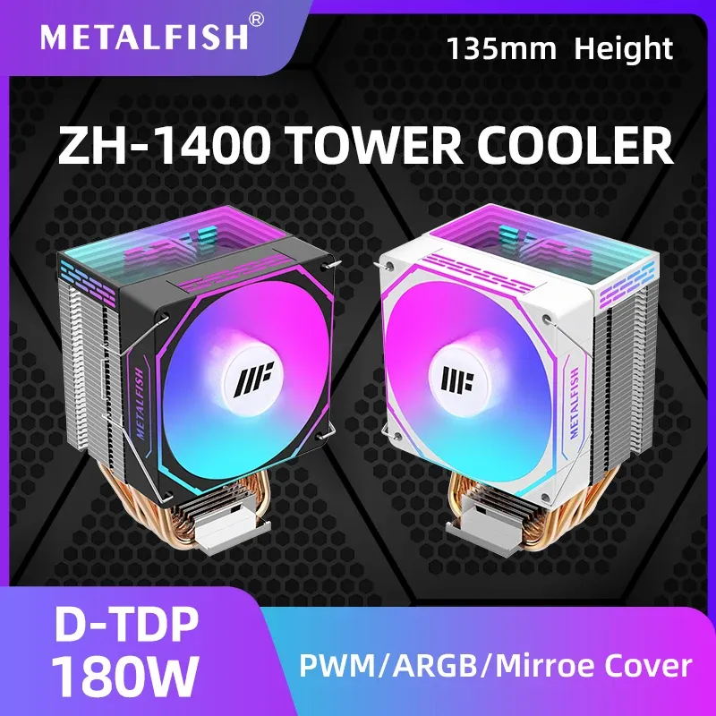 METALFISH ZH1400 Refroidisseur de processeur 4 caloducs, ventilateur PWM 4 broches silencieux ARGB, compatible Intel 1700/1200/115X/1366/2011 et AMD AM5/AM4/AM3, X99/X79