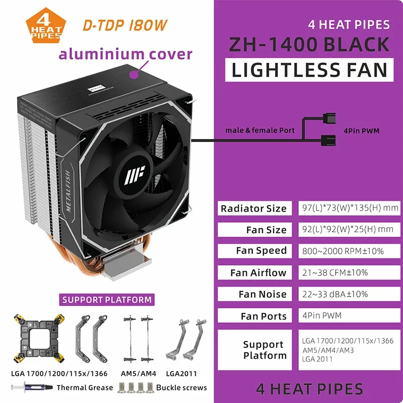 METALFISH ZH1400 Refroidisseur de processeur 4 caloducs, ventilateur PWM 4 broches silencieux ARGB, compatible Intel 1700/1200/115X/1366/2011 et AMD AM5/AM4/AM3, X99/X79 10
