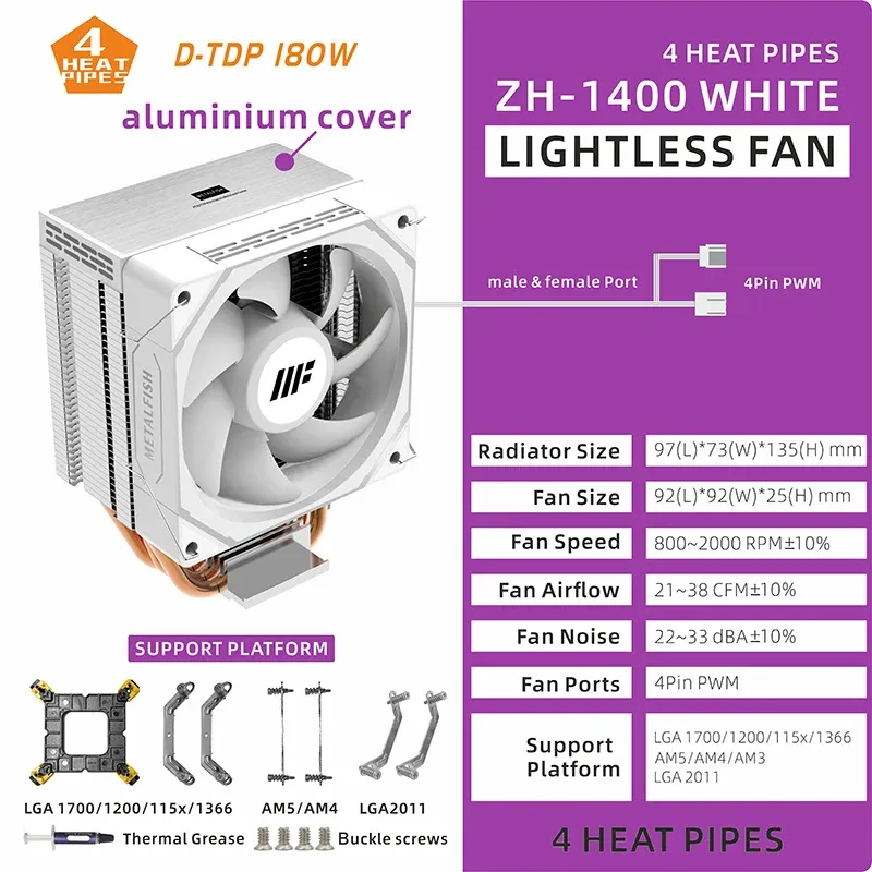 METALFISH ZH1400 Refroidisseur de processeur 4 caloducs, ventilateur PWM 4 broches silencieux ARGB, compatible Intel 1700/1200/115X/1366/2011 et AMD AM5/AM4/AM3, X99/X79 11