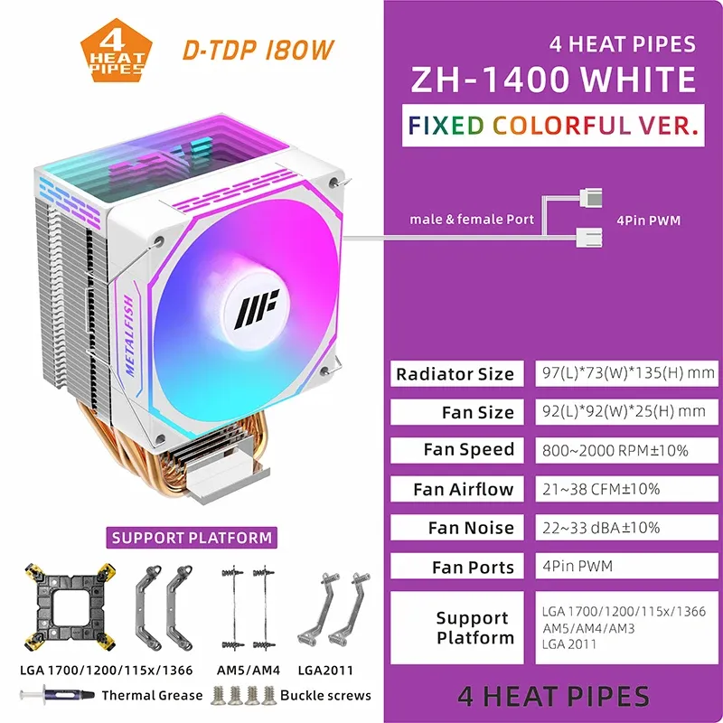 METALFISH ZH1400 Refroidisseur de processeur 4 caloducs, ventilateur PWM 4 broches silencieux ARGB, compatible Intel 1700/1200/115X/1366/2011 et AMD AM5/AM4/AM3, X99/X79 8