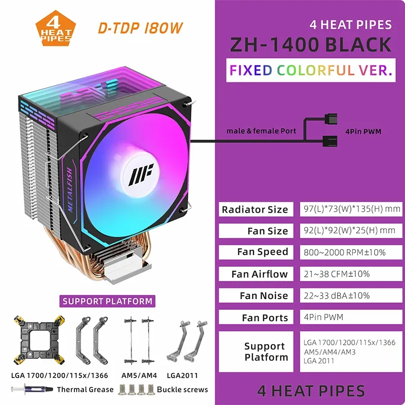 METALFISH ZH1400 Refroidisseur de processeur 4 caloducs, ventilateur PWM 4 broches silencieux ARGB, compatible Intel 1700/1200/115X/1366/2011 et AMD AM5/AM4/AM3, X99/X79 9