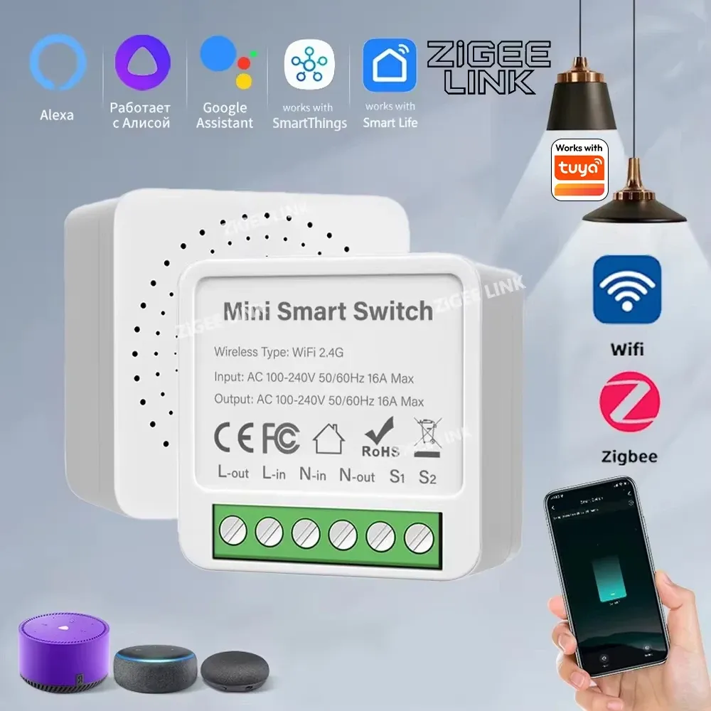 Module interrupteur intelligent WiFi/Zigbee 3.0 mini disjoncteur DIY avec minuteur à distance pour contrôle de l'éclairage, compatible Tuya Smart Life, Alexa et Google