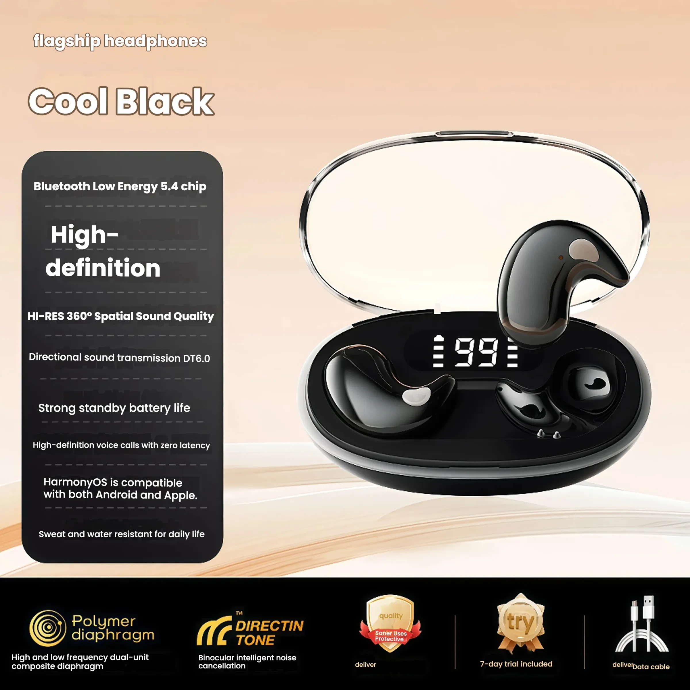 Écouteurs de sommeil TWS X55 LED – Bluetooth sans fil, son stéréo Hi-Fi, microphone intégré, réduction du bruit, étanches 5