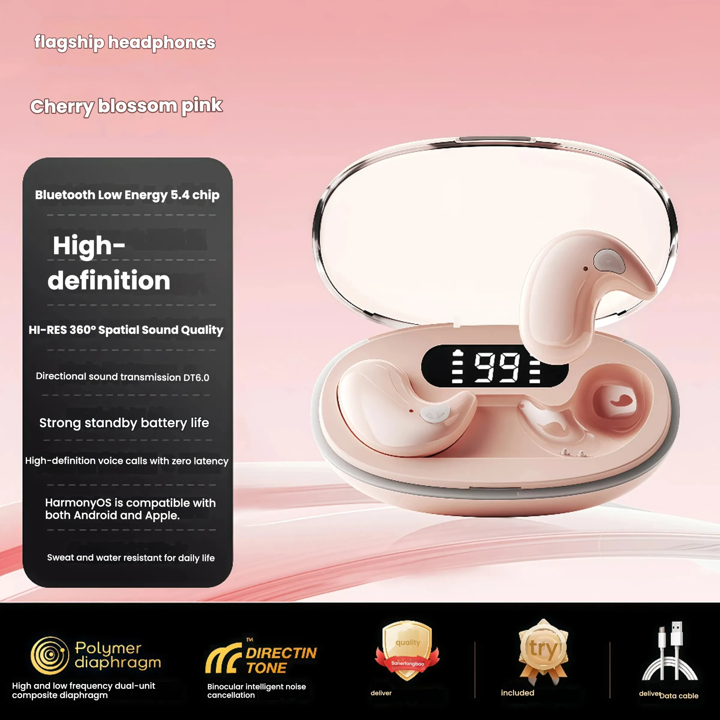 Écouteurs de sommeil TWS X55 LED – Bluetooth sans fil, son stéréo Hi-Fi, microphone intégré, réduction du bruit, étanches 6