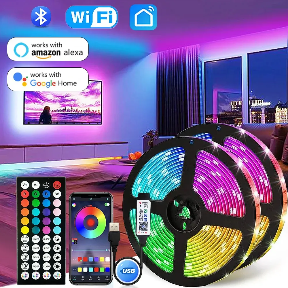Bande LED RGB 5050 USB 5V avec télécommande Bluetooth et Wi-Fi, contrôle par application, longueur 1 à 30 m, rétroéclairage pour chambre 1