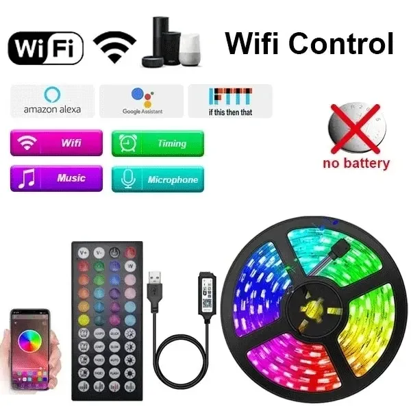 Bande LED RGB 5050 USB 5V avec télécommande Bluetooth et Wi-Fi, contrôle par application, longueur 1 à 30 m, rétroéclairage pour chambre 9