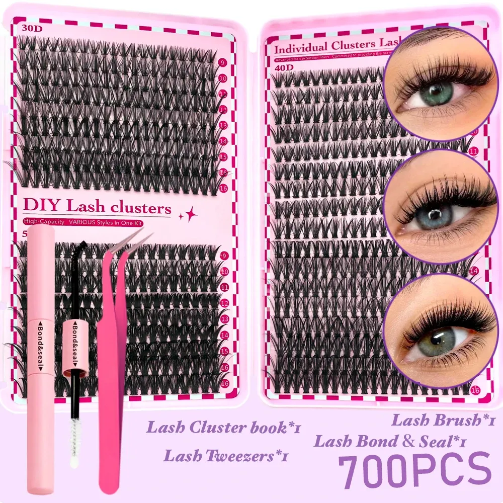 Kit d'extension de cils DIY 700 pcs, courbures 30D/40D/50D/80D, longueurs mixtes 9-16 mm, boucles D-Curl pour la maison et les célébrations festives 8