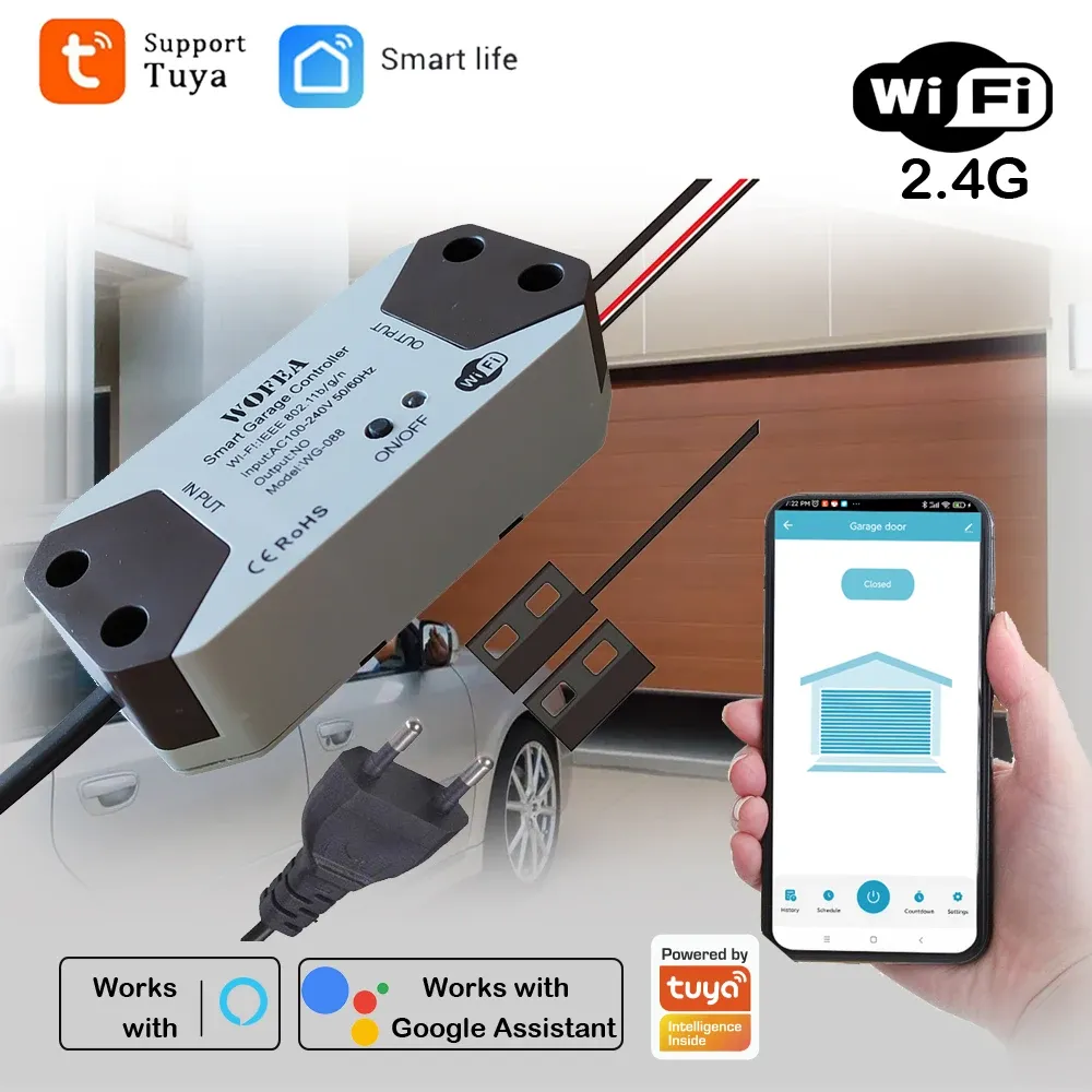 Contrôleur intelligent pour porte de garage, prise UE, compatible Alexa, Google Home et SmartLife, commande via l'application Tuya, sans concentrateur requis