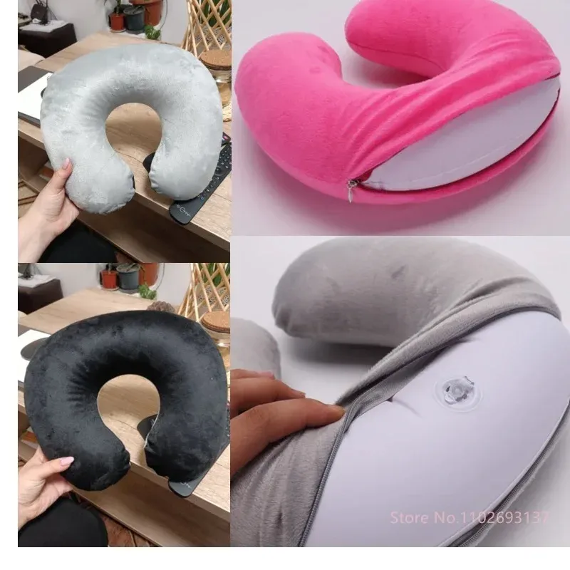 Oreiller de voyage gonflable portable en forme de U, soutien cervical, revêtement en peluche courte, idéal pour le sommeil au bureau 1