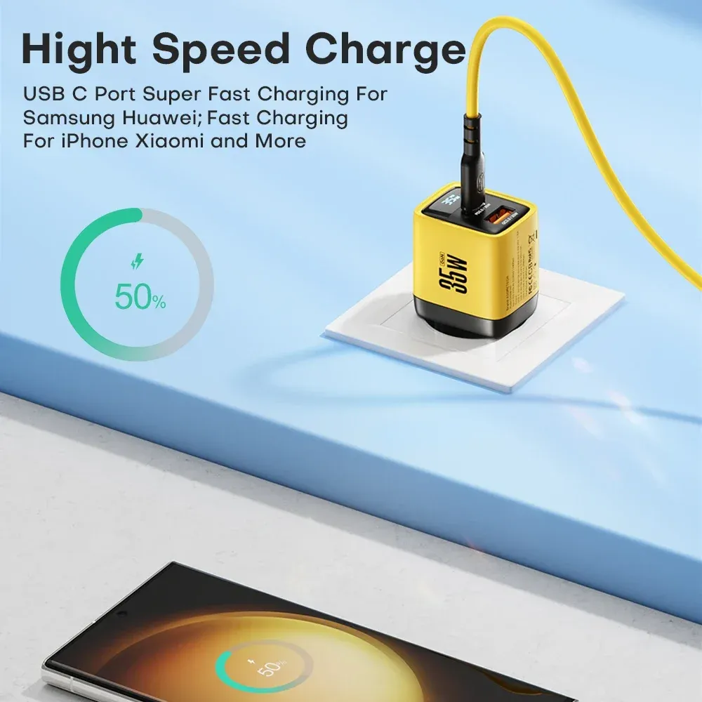 Chargeur GaN 35W à affichage LED, USB-C PD 3.0 et QC 3.0, charge rapide pour iPhone 14 Pro, Samsung, Xiaomi et iPad Pro 3