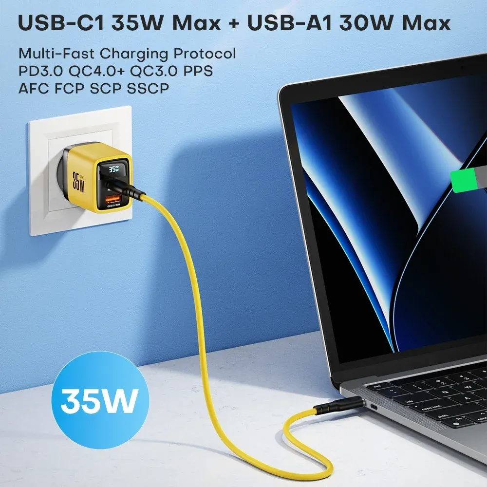 Chargeur GaN 35W à affichage LED, USB-C PD 3.0 et QC 3.0, charge rapide pour iPhone 14 Pro, Samsung, Xiaomi et iPad Pro 2