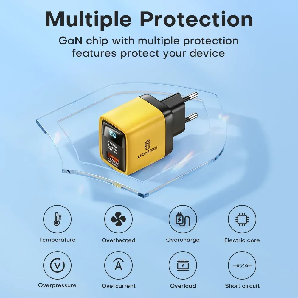 Chargeur GaN 35W à affichage LED, USB-C PD 3.0 et QC 3.0, charge rapide pour iPhone 14 Pro, Samsung, Xiaomi et iPad Pro 5