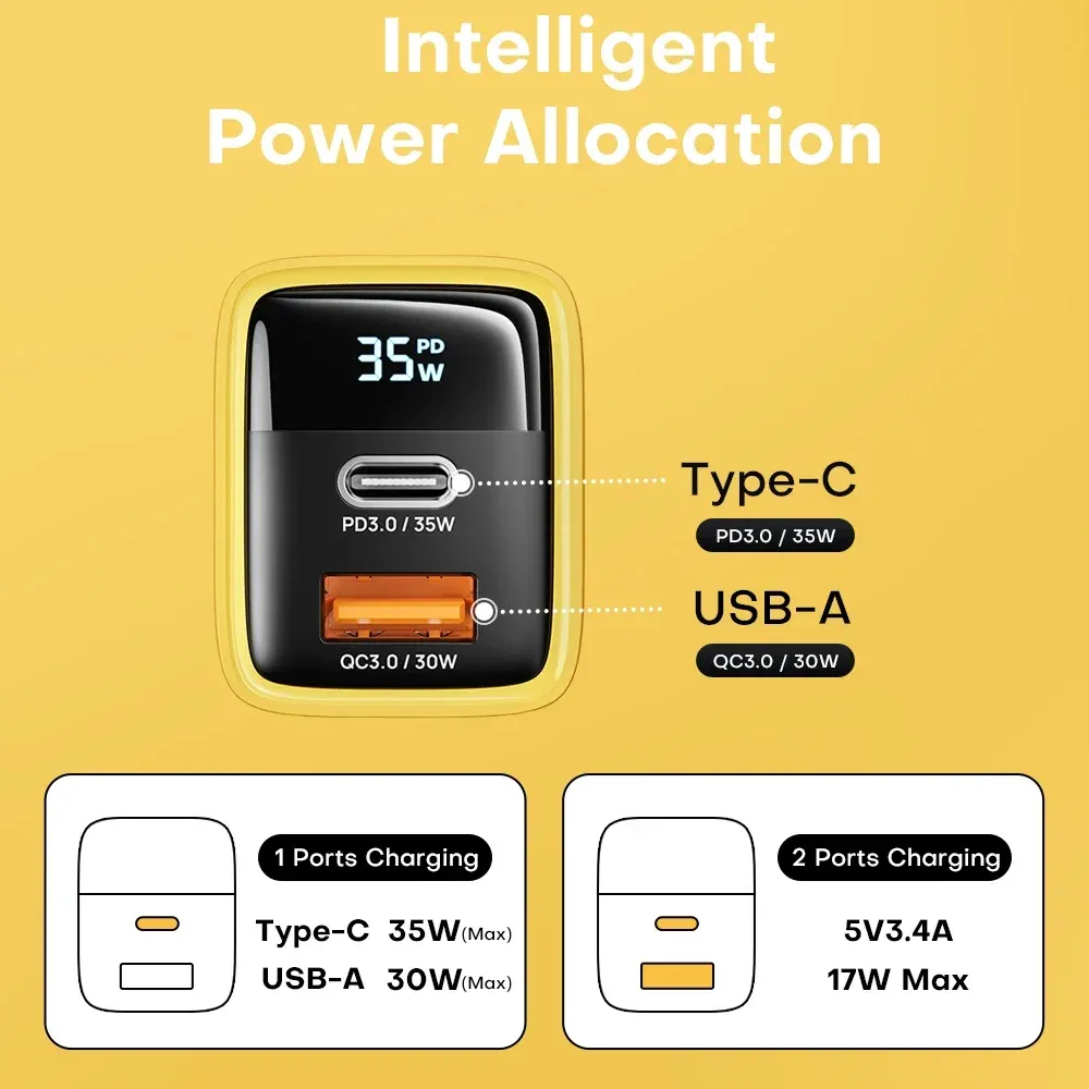 Chargeur GaN 35W à affichage LED, USB-C PD 3.0 et QC 3.0, charge rapide pour iPhone 14 Pro, Samsung, Xiaomi et iPad Pro 6