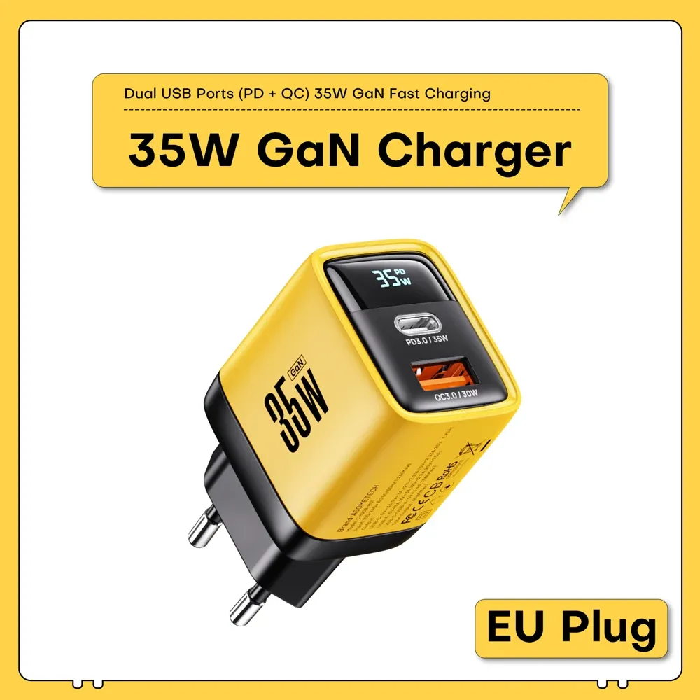 Chargeur GaN 35W à affichage LED, USB-C PD 3.0 et QC 3.0, charge rapide pour iPhone 14 Pro, Samsung, Xiaomi et iPad Pro 11