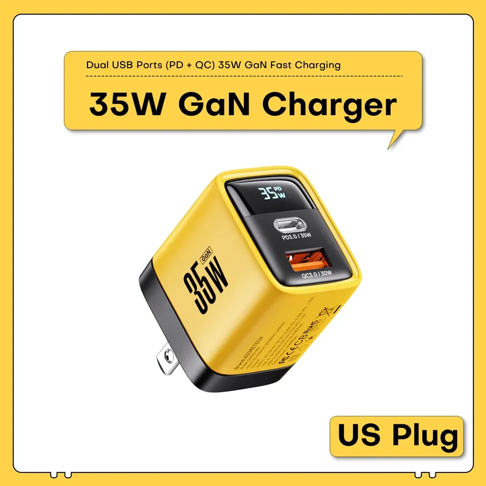 Chargeur GaN 35W à affichage LED, USB-C PD 3.0 et QC 3.0, charge rapide pour iPhone 14 Pro, Samsung, Xiaomi et iPad Pro 7