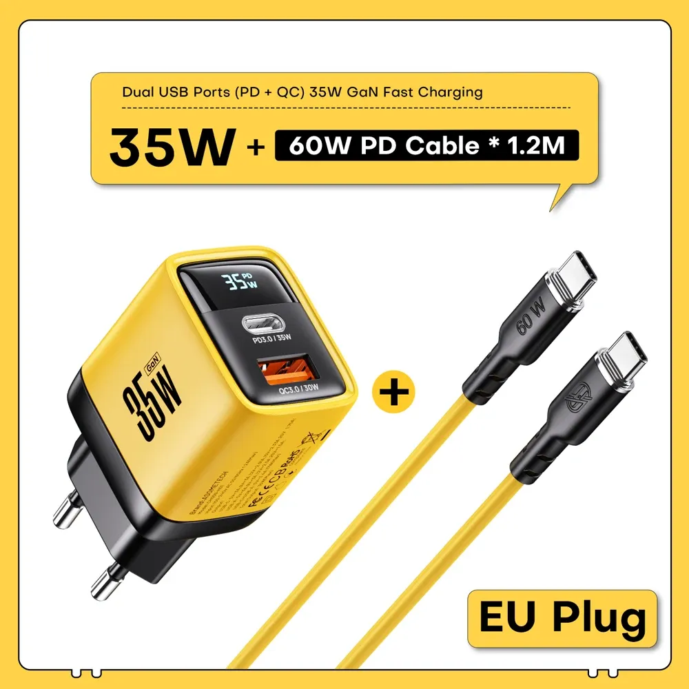Chargeur GaN 35W à affichage LED, USB-C PD 3.0 et QC 3.0, charge rapide pour iPhone 14 Pro, Samsung, Xiaomi et iPad Pro 8