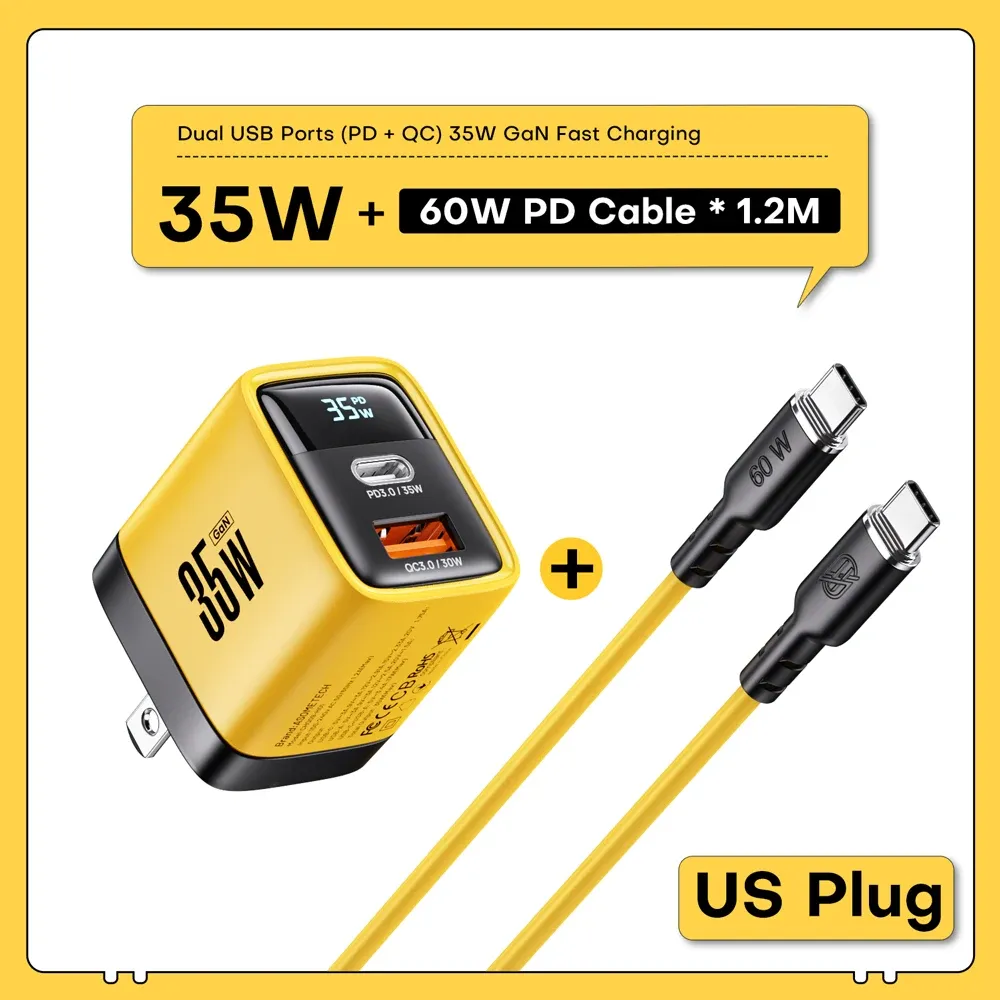 Chargeur GaN 35W à affichage LED, USB-C PD 3.0 et QC 3.0, charge rapide pour iPhone 14 Pro, Samsung, Xiaomi et iPad Pro 10
