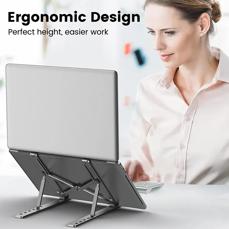 Support pour ordinateur portable en alliage d'aluminium, réglable et pliable, avec élévation et refroidissement, antidérapant 2