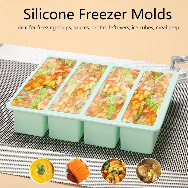 Bacs de congélation en silicone, grand format pour aliments, sauces et repas, avec couvercle, extra large, moules à glaçons et à soupe, bac 4 cubes, 1 pièce 2