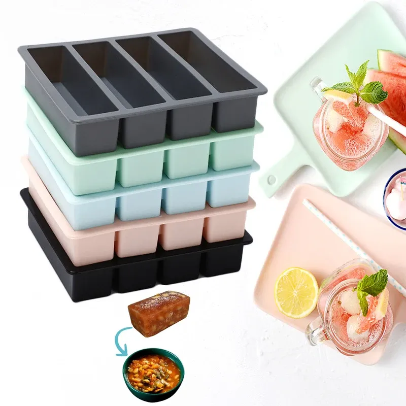 Bacs de congélation en silicone, grand format pour aliments, sauces et repas, avec couvercle, extra large, moules à glaçons et à soupe, bac 4 cubes, 1 pièce 4