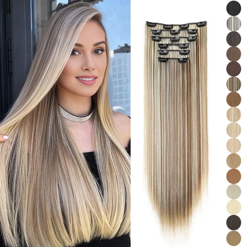 Extensions capillaires synthétiques 24 pouces, 16 clips, cheveux longs et lisses, blond et noir, résistantes à la chaleur, usage quotidien - Image 1