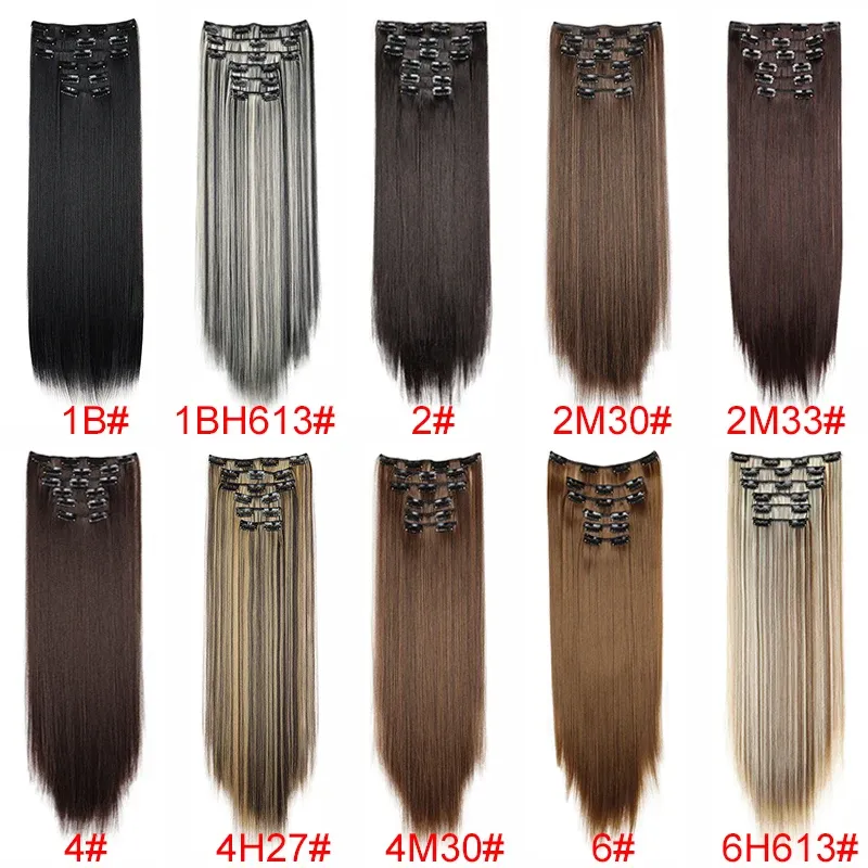 Extensions capillaires synthétiques 24 pouces, 16 clips, cheveux longs et lisses, blond et noir, résistantes à la chaleur, usage quotidien 3
