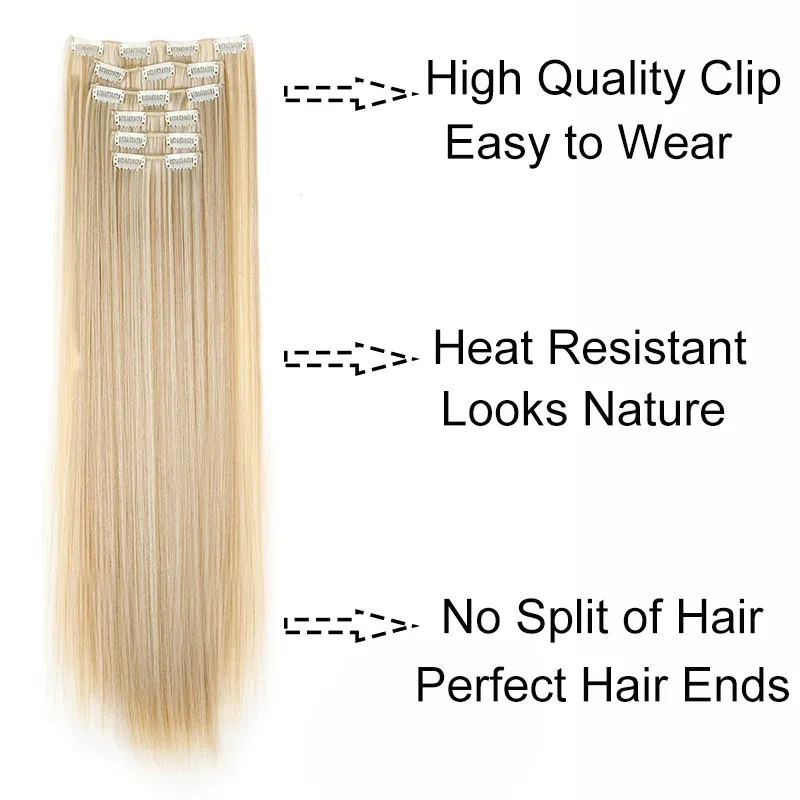 Extensions capillaires synthétiques 24 pouces, 16 clips, cheveux longs et lisses, blond et noir, résistantes à la chaleur, usage quotidien 5